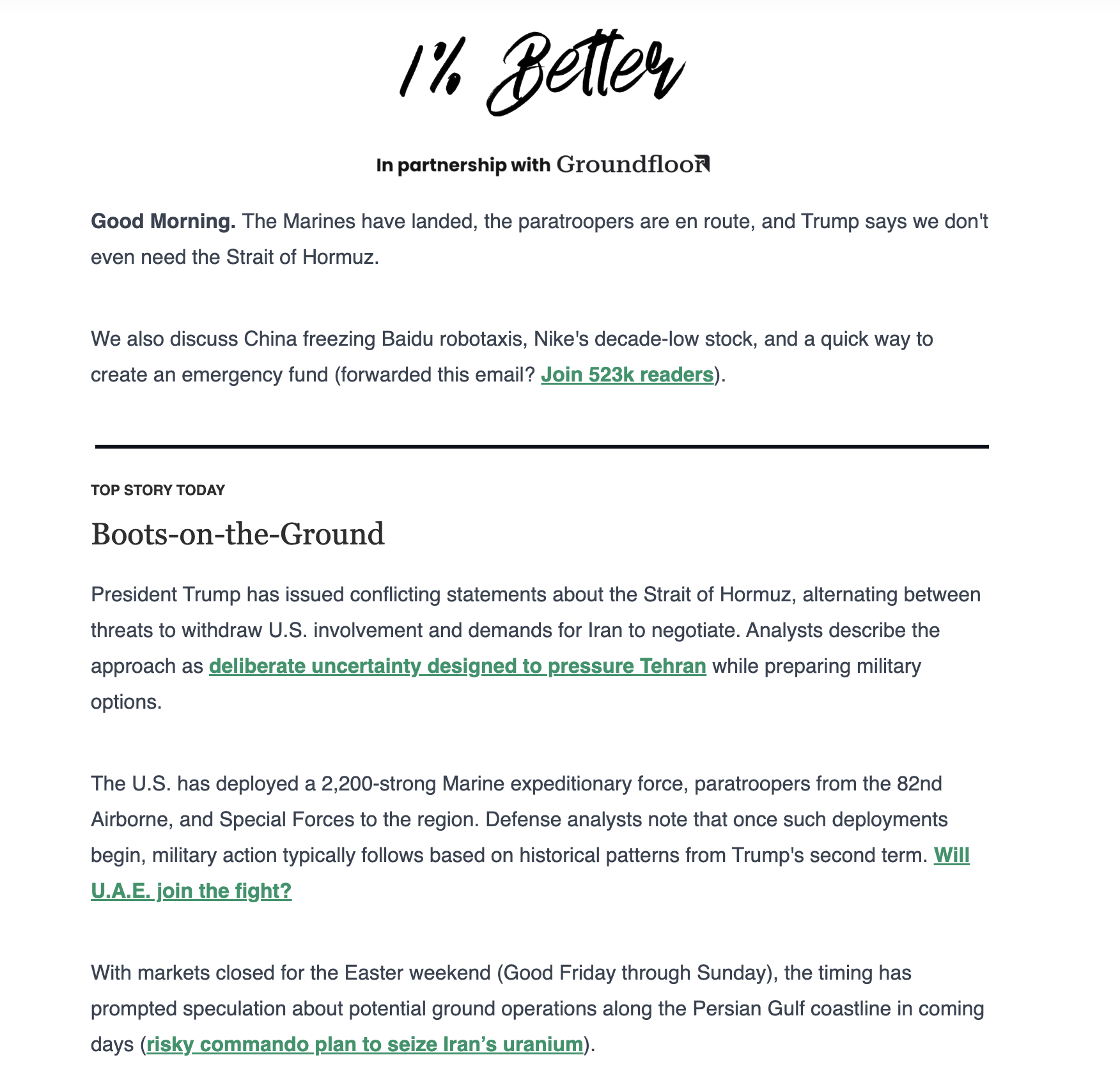 1% Better Newsletter - Daily editorial content with Top Story, trending news, and life advice
